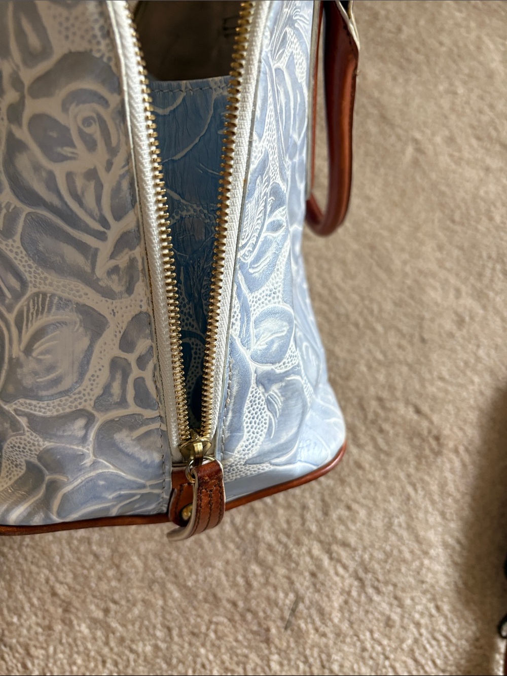 Brahmin Vivian Dome Satchel Blue Floral Embossed with Brown Trim - Picture 12 of 16